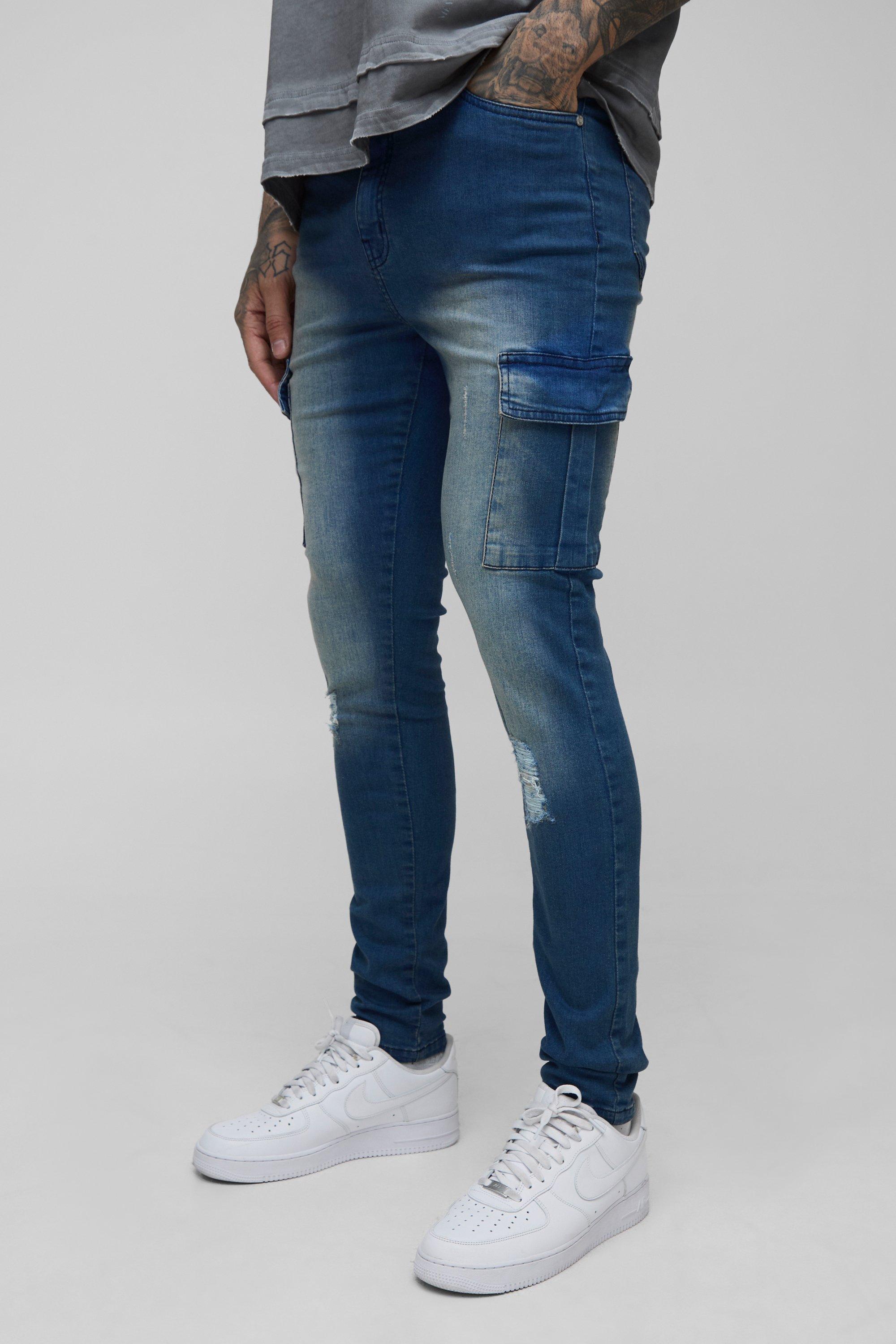 Mens Blue Tall Distressed Super Skinny Cargo Jeans, Blue